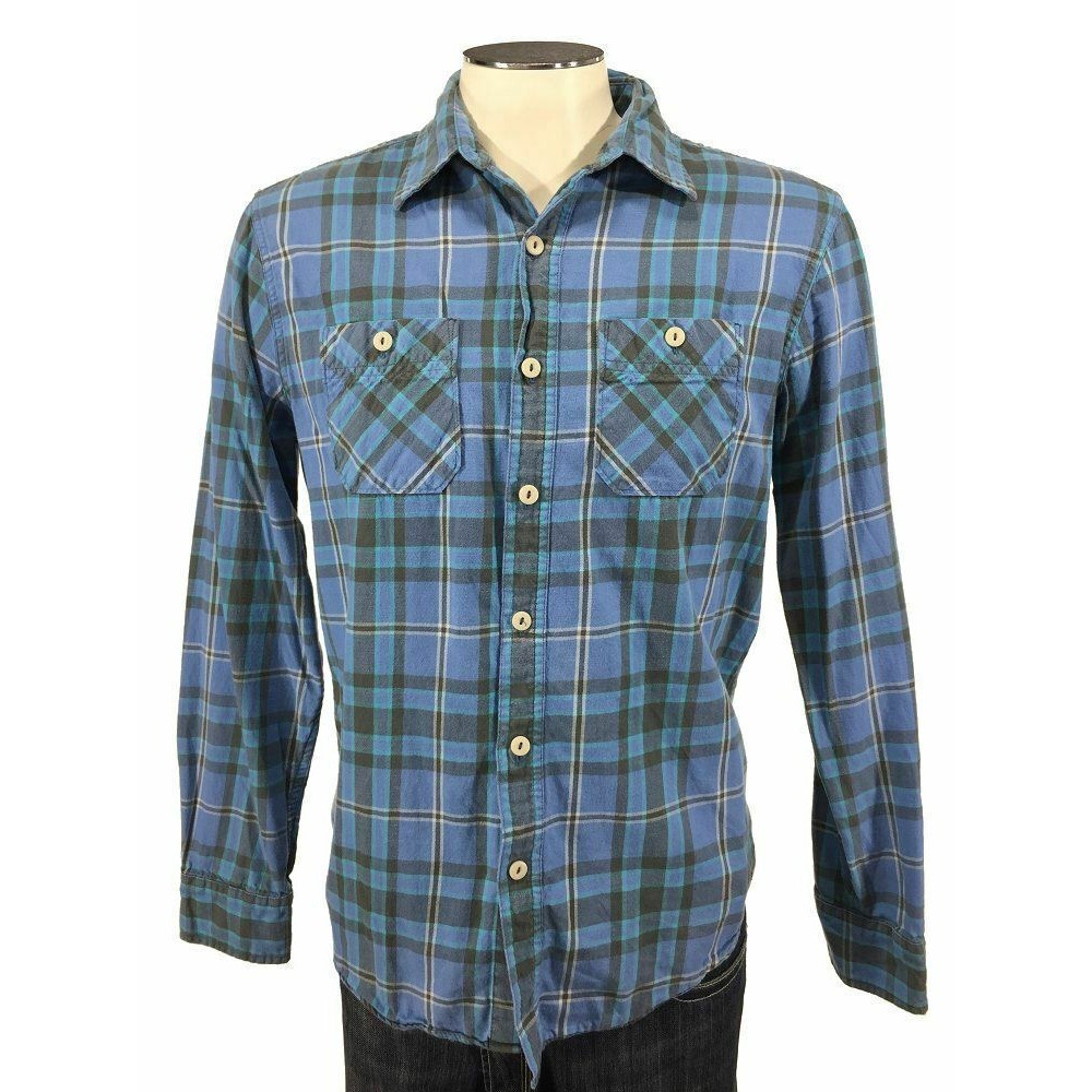 American Eagle Western‎ Button Shirt M VTG Blue Aqua Gray Plaid Mens